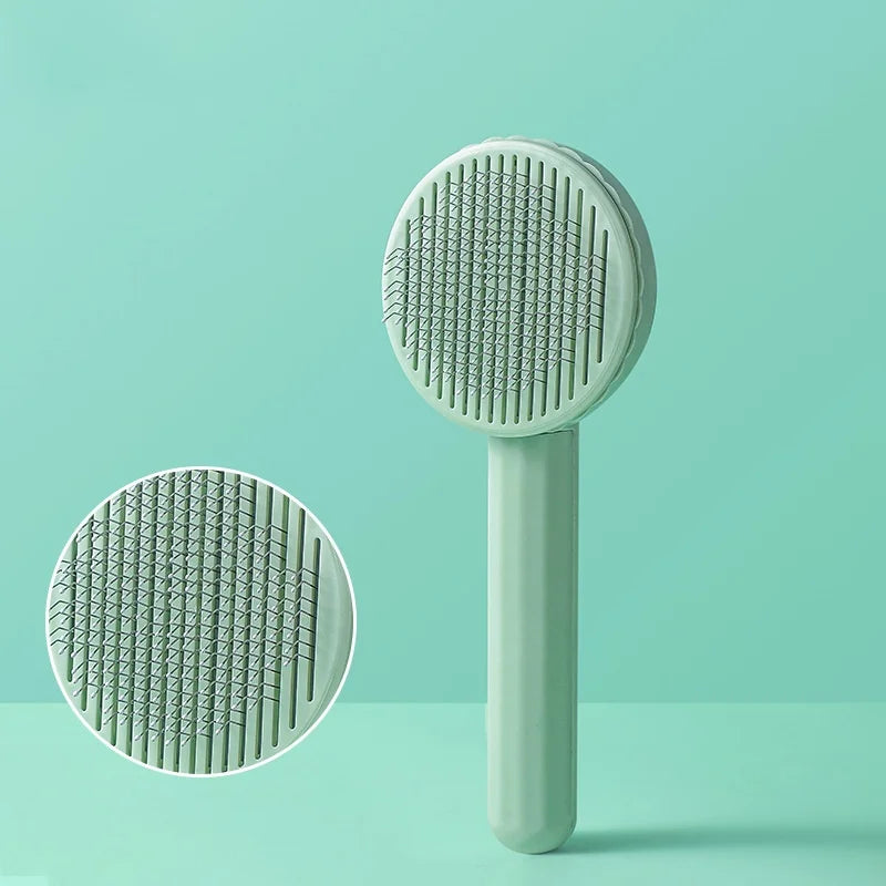 Self-cleaning pet grooming brush for dogs and cats