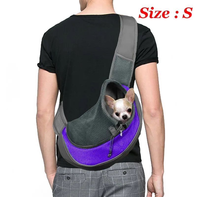 Breathable mesh dog sling carrier for small dogs and cats – lightweight crossbody travel bag for hiking and camping.