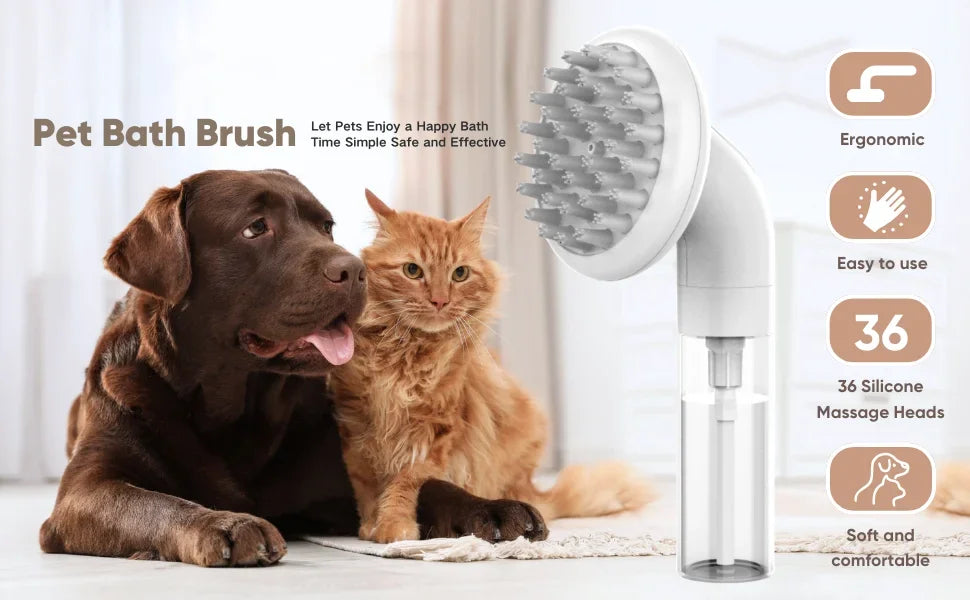 3-in-1 dog bath brush with soft silicone bristles – shampoo, wash, and massage tool for pet grooming.