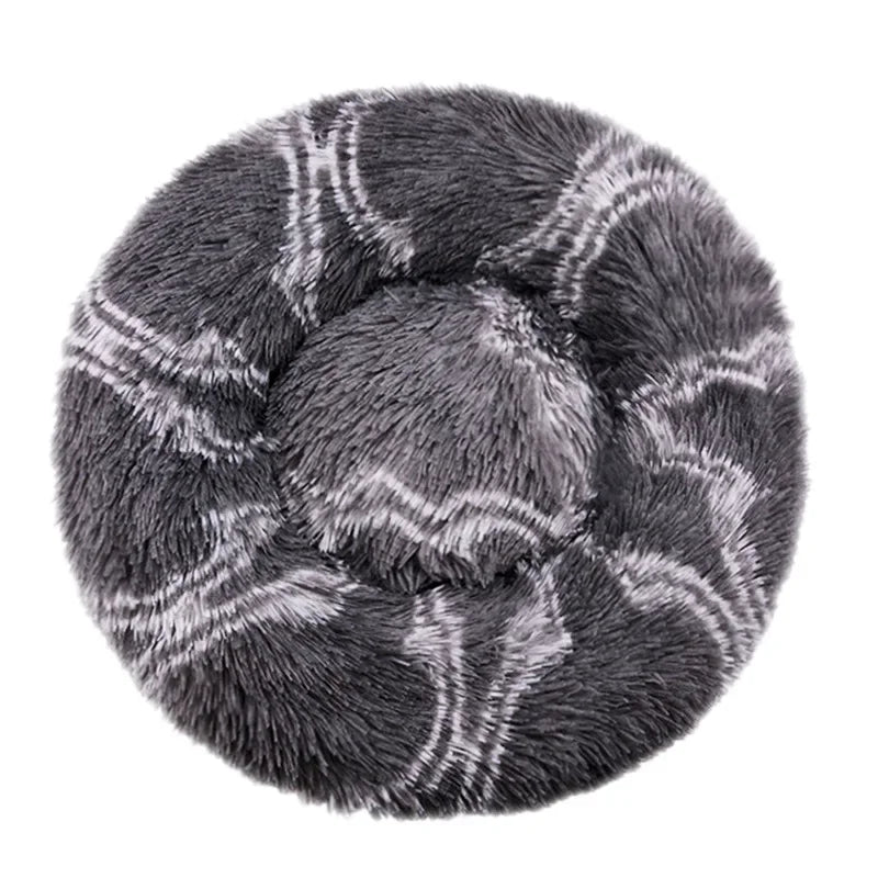 Soft plush round pet bed for cats and dogs – warm and comfortable sleeping bed in multiple sizes.