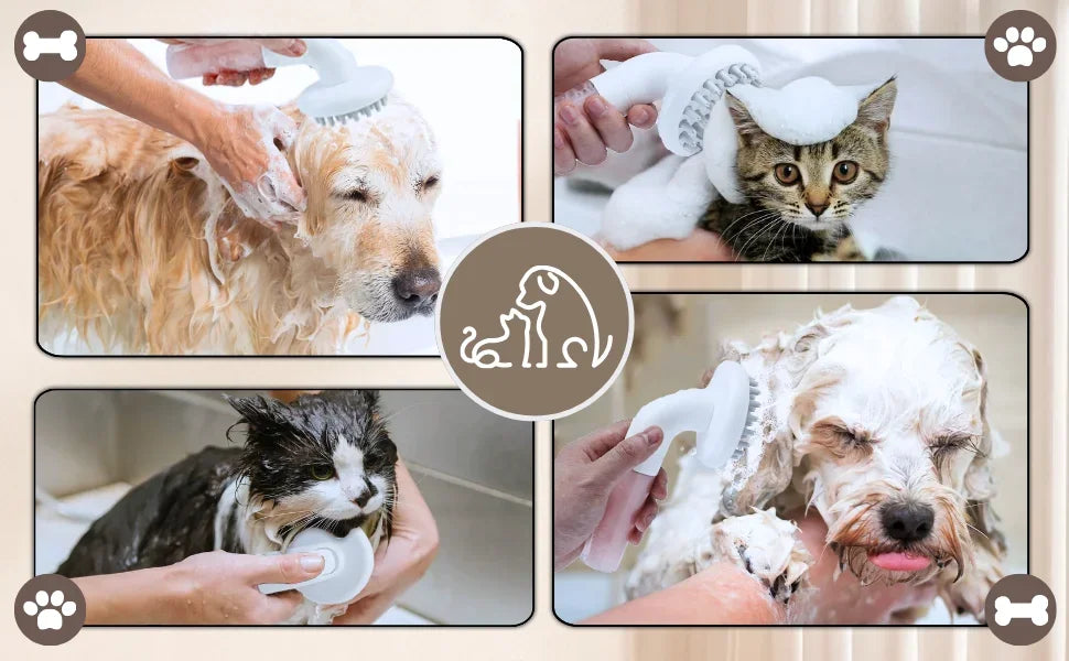 3-in-1 dog bath brush with soft silicone bristles – shampoo, wash, and massage tool for pet grooming.