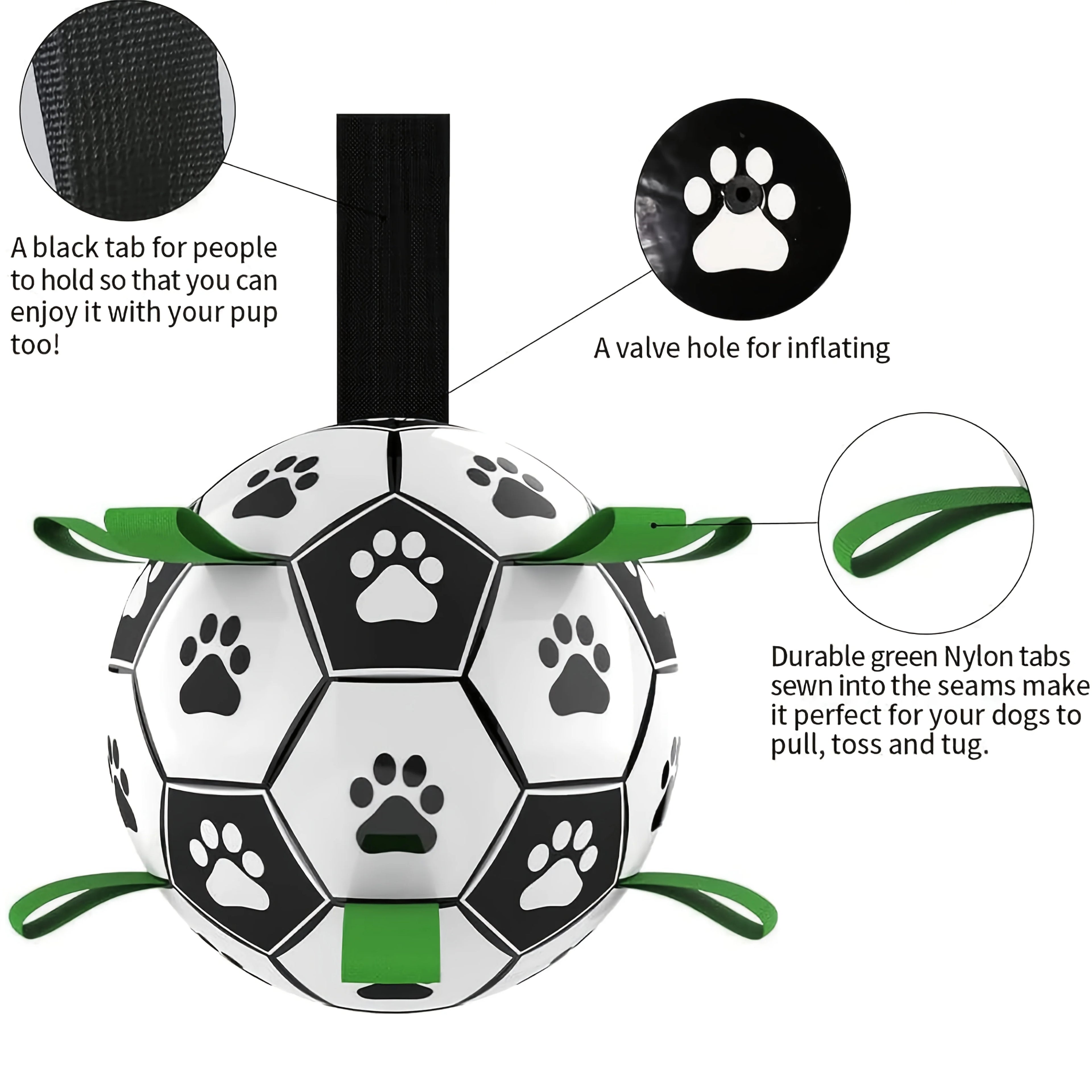 Interactive dog soccer ball toy with grip ring – durable, water-friendly, and battery-free for chasing and play.