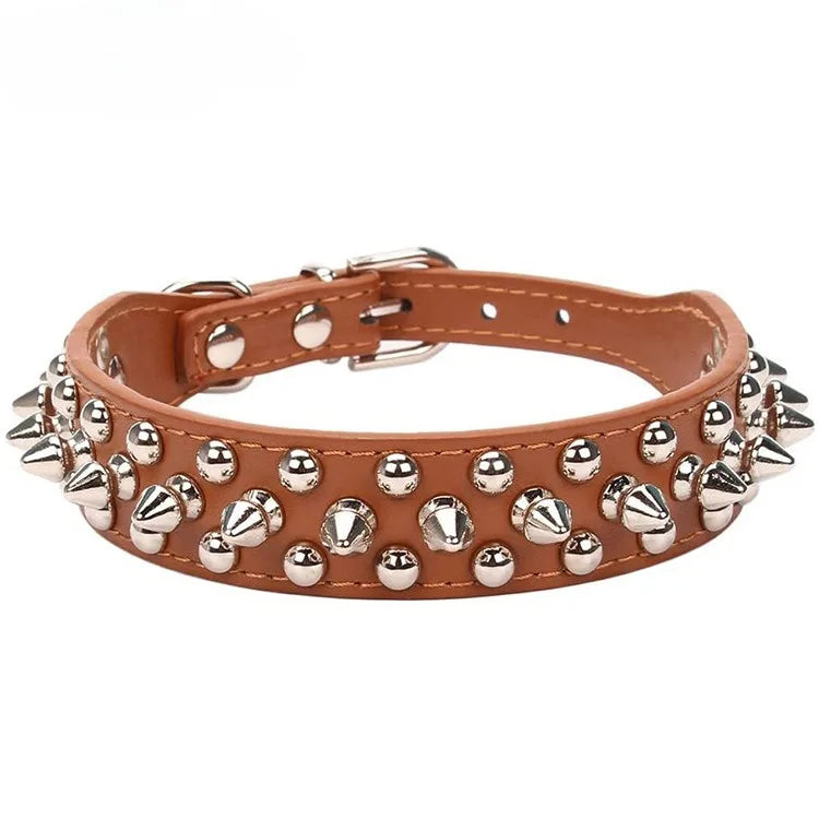 Adjustable PU leather dog collar with spikes and rivets – punk-style collar for small dogs and cats.