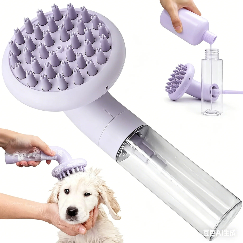 3-in-1 dog bath brush with soft silicone bristles – shampoo, wash, and massage tool for pet grooming.