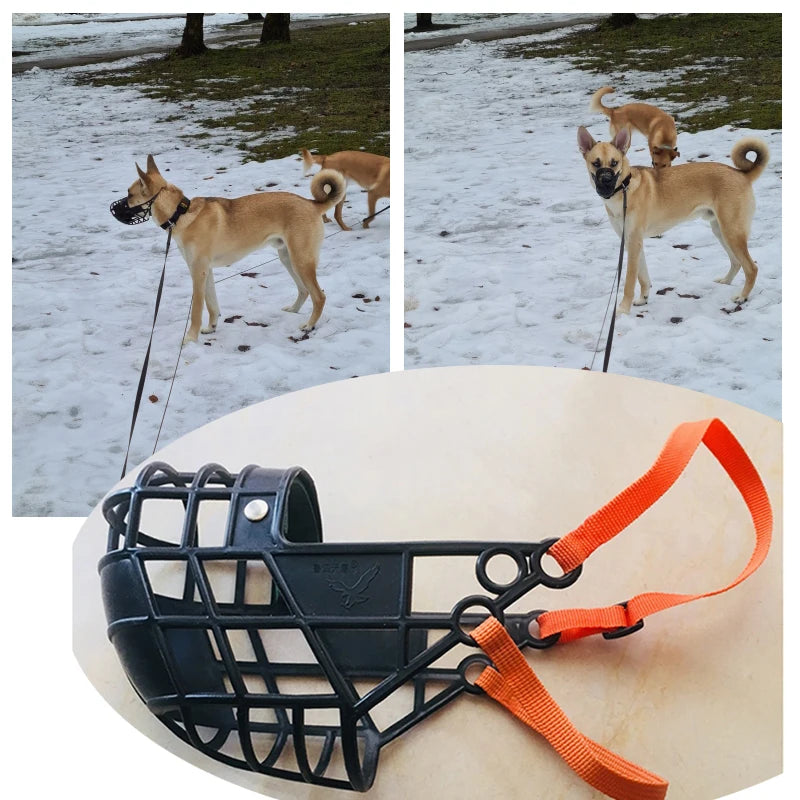 Adjustable plastic dog muzzle – anti-biting and anti-barking basket-style mouth cover for dogs in sizes S/M/L.