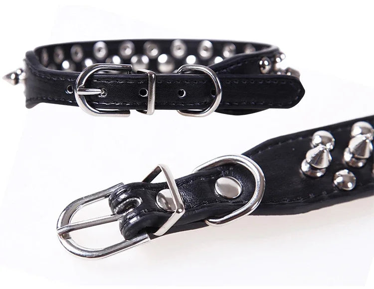 Adjustable PU leather dog collar with spikes and rivets – punk-style collar for small dogs and cats.