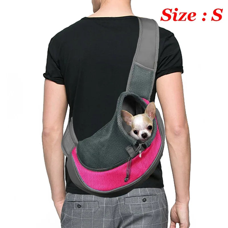 Breathable mesh dog sling carrier for small dogs and cats – lightweight crossbody travel bag for hiking and camping.
