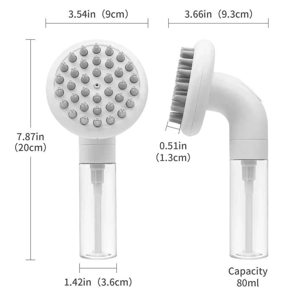 3-in-1 dog bath brush with soft silicone bristles – shampoo, wash, and massage tool for pet grooming.