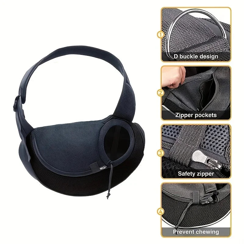 Breathable mesh dog sling carrier for small dogs and cats – lightweight crossbody travel bag for hiking and camping.