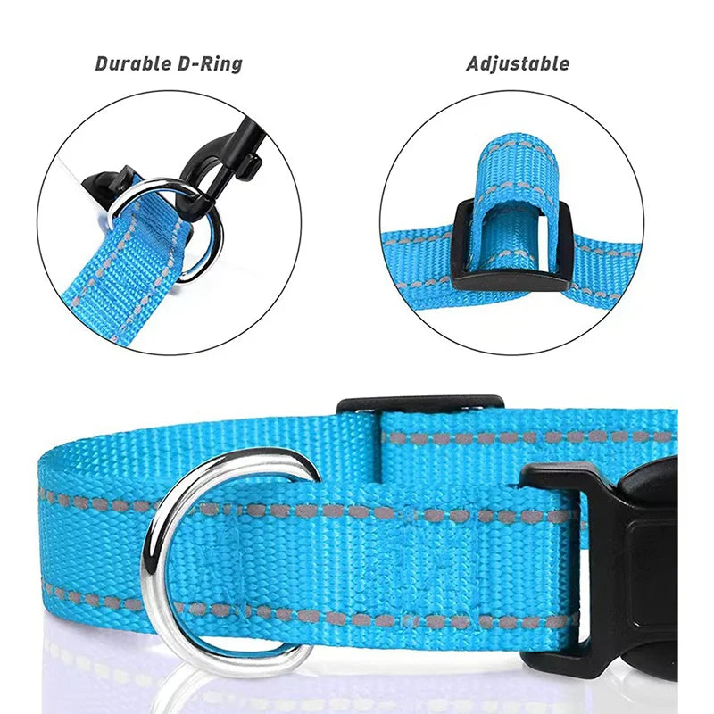 Adjustable reflective nylon pet collar for dogs and cats – anti-slip, anti-choke, durable walking collar.