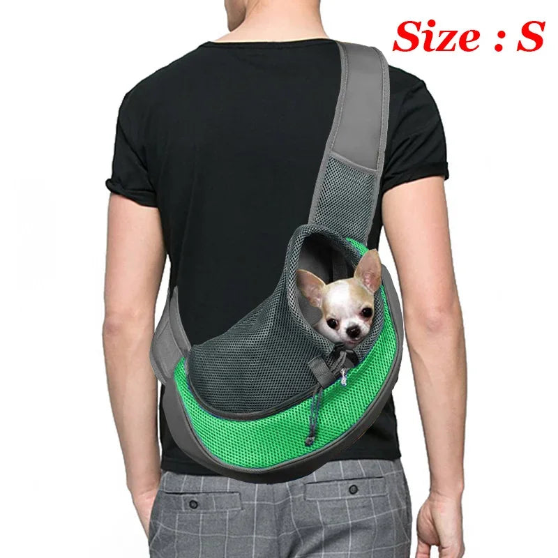 Breathable mesh dog sling carrier for small dogs and cats – lightweight crossbody travel bag for hiking and camping.