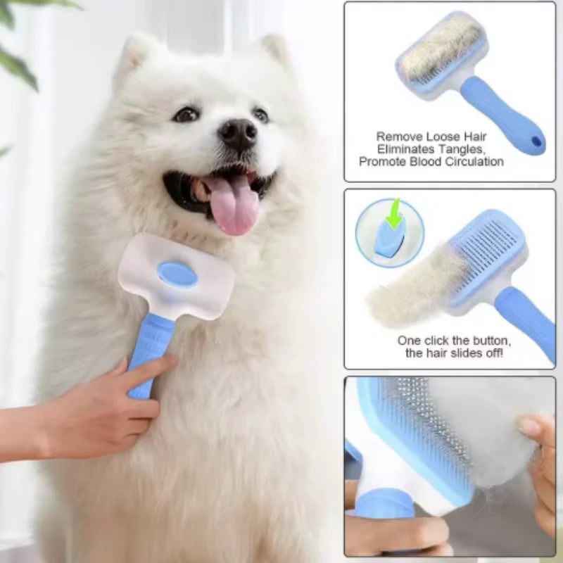 Self-cleaning pet grooming brush for dogs and cats