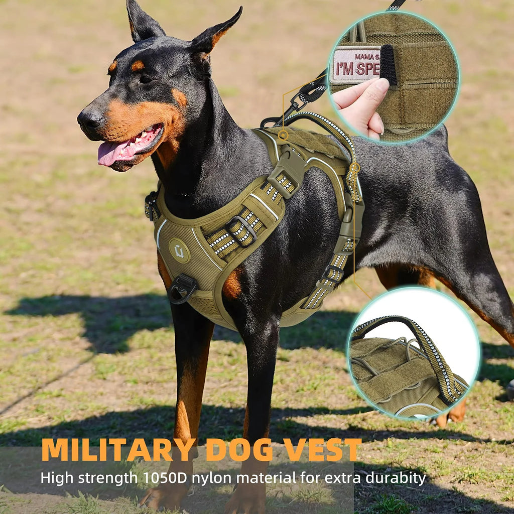 Tactical no-pull MOLLE dog harness – adjustable and reflective.