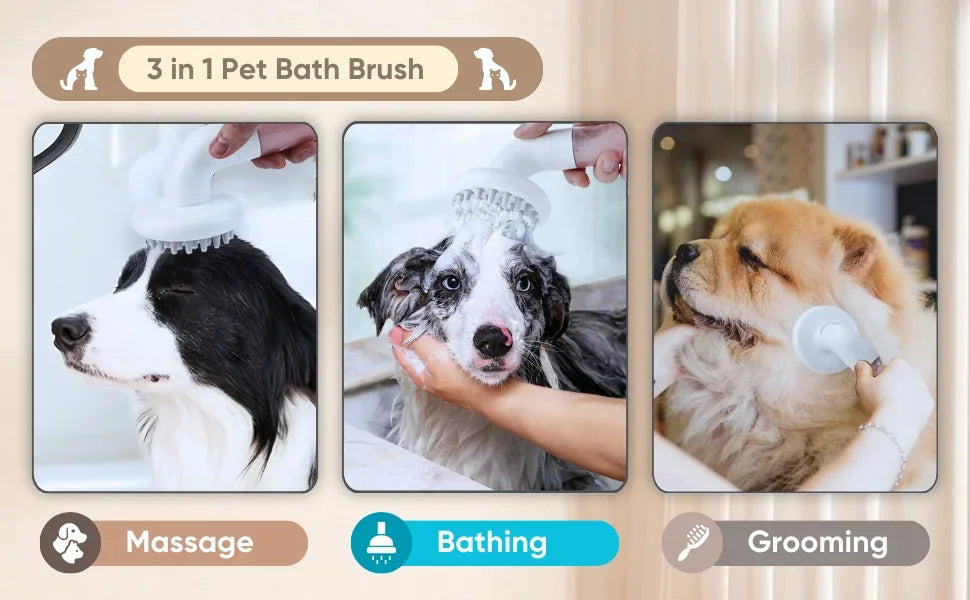 3-in-1 dog bath brush with soft silicone bristles – shampoo, wash, and massage tool for pet grooming.