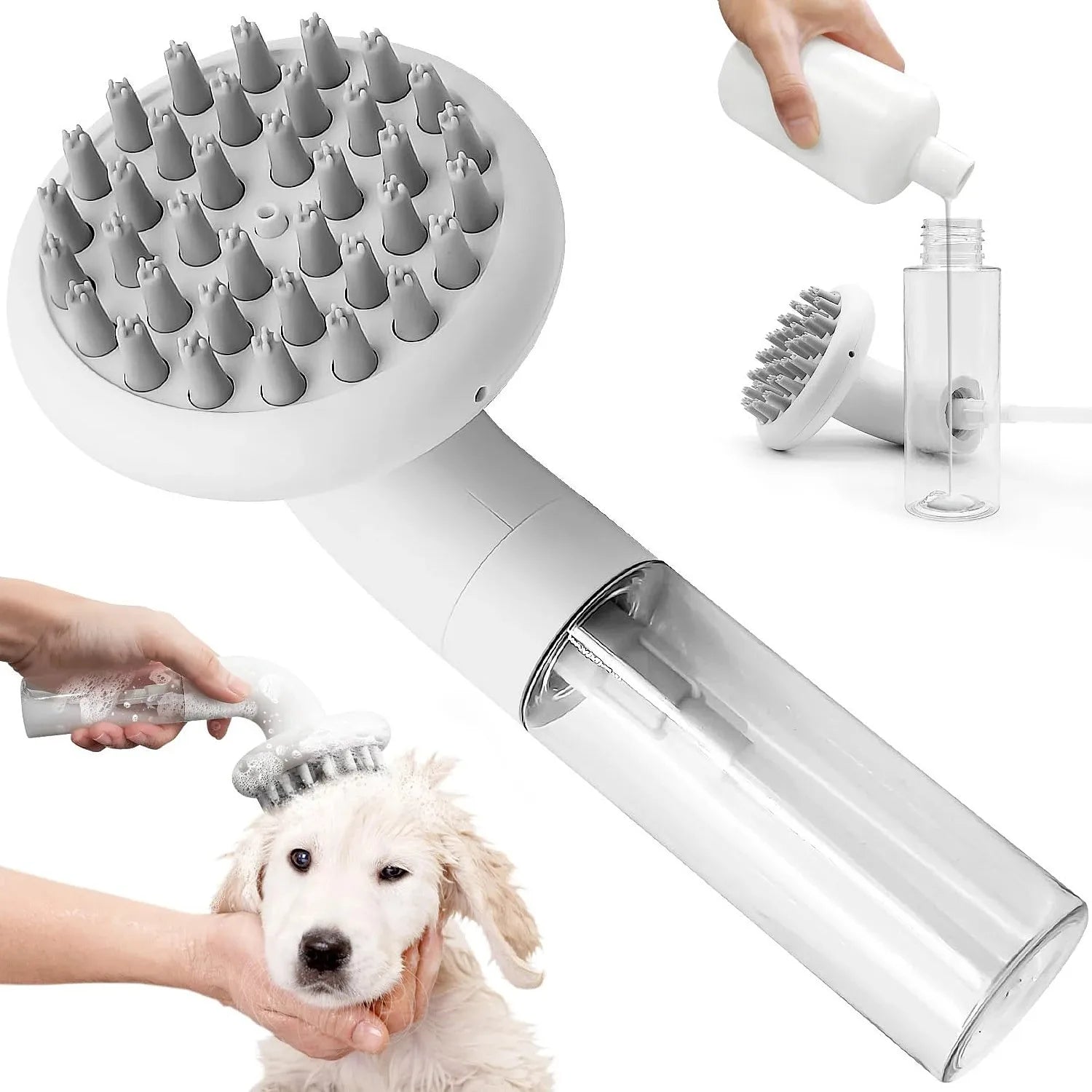 3-in-1 dog bath brush with soft silicone bristles – shampoo, wash, and massage tool for pet grooming.