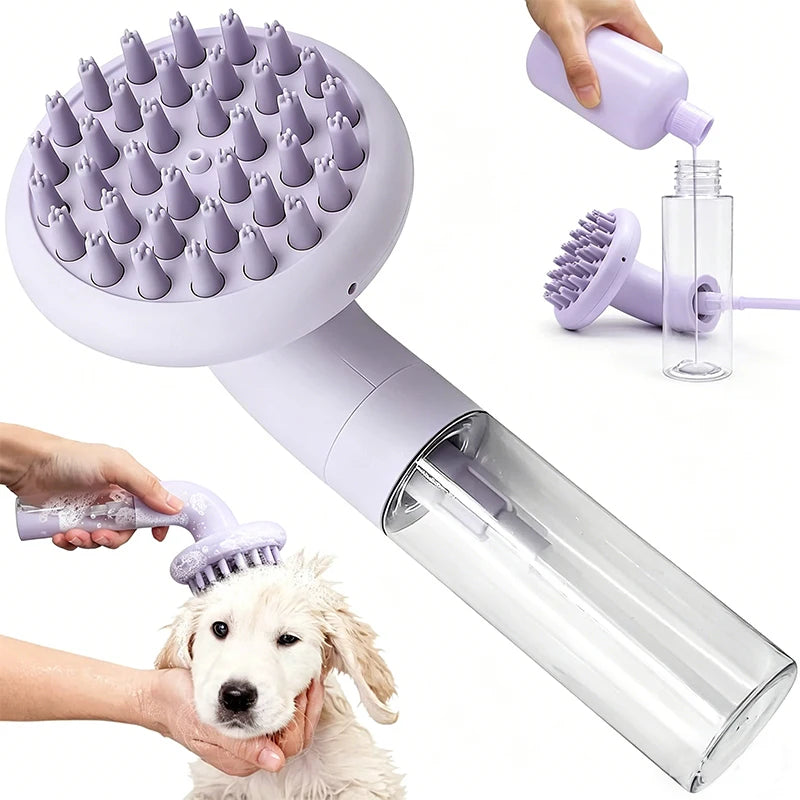 3-in-1 dog bath brush with soft silicone bristles – shampoo, wash, and massage tool for pet grooming.