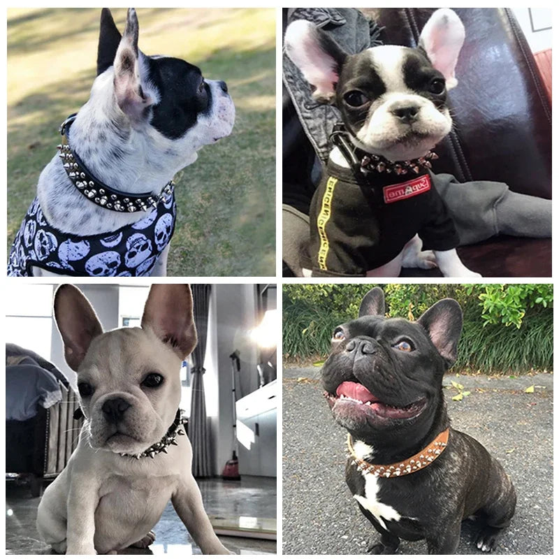 Adjustable PU leather dog collar with spikes and rivets – punk-style collar for small dogs and cats.