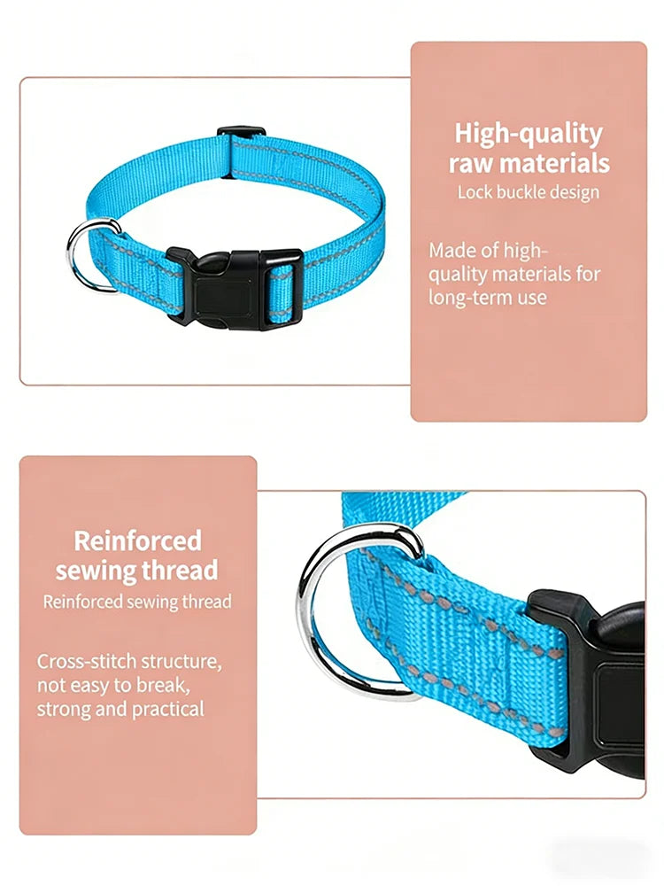 Adjustable reflective nylon pet collar for dogs and cats – anti-slip, anti-choke, durable walking collar.