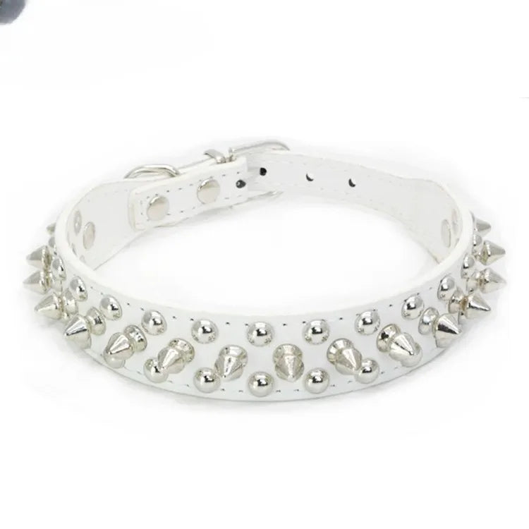 Adjustable PU leather dog collar with spikes and rivets – punk-style collar for small dogs and cats.