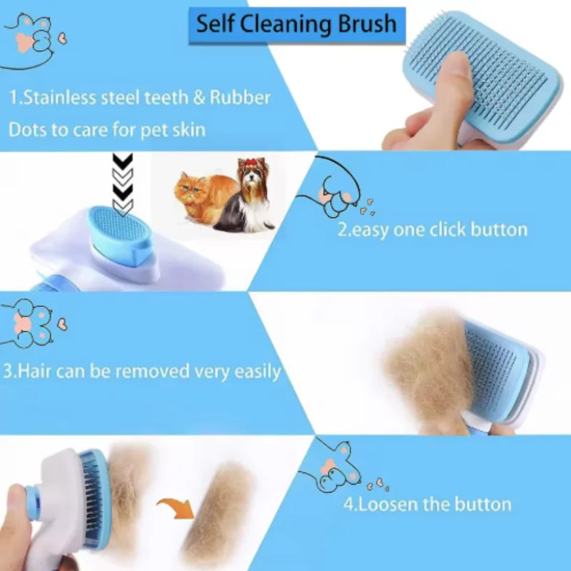 Self-cleaning pet grooming brush for dogs and cats