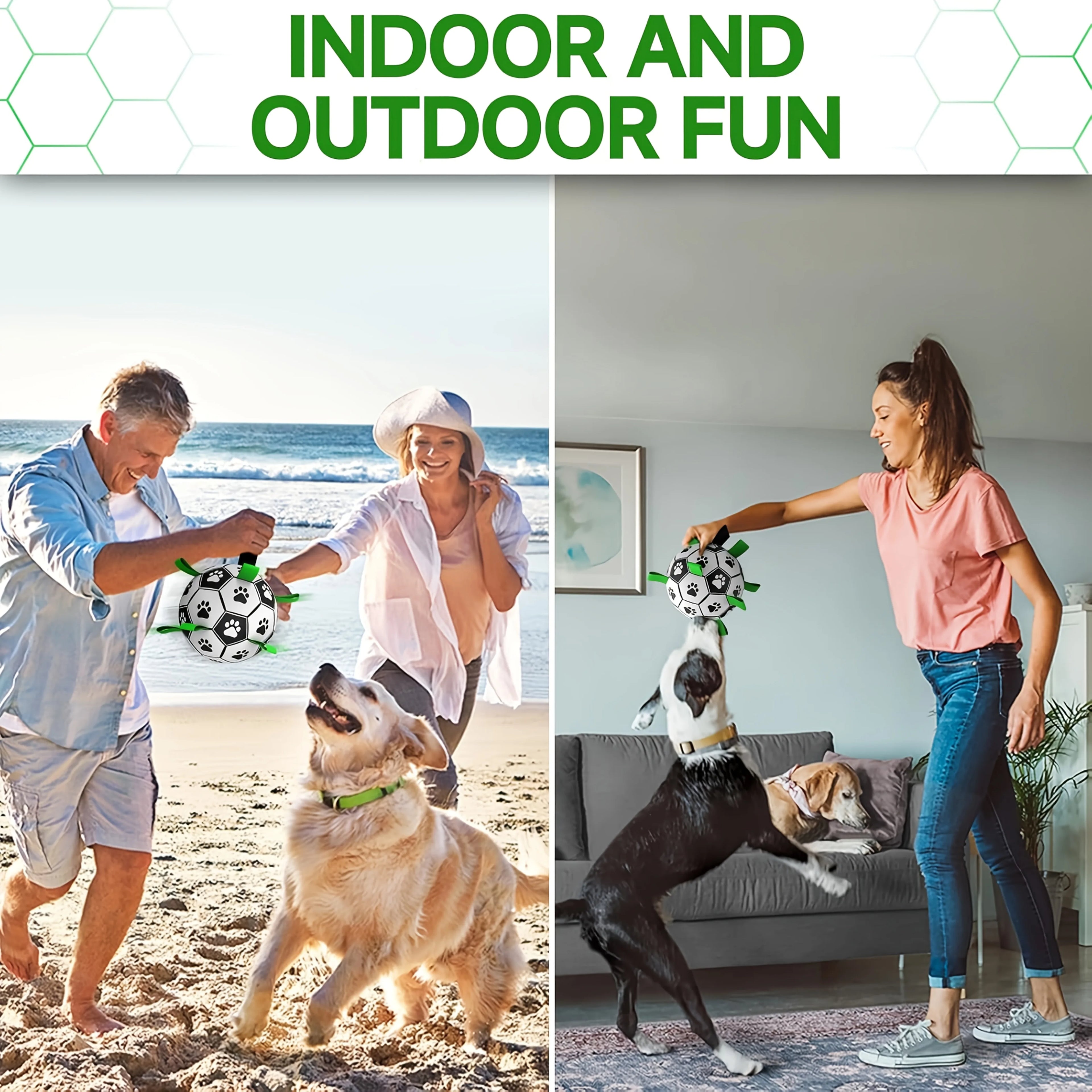 Interactive dog soccer ball toy with grip ring – durable, water-friendly, and battery-free for chasing and play.