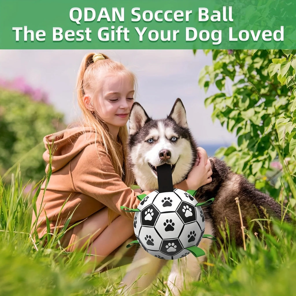 Interactive dog soccer ball toy with grip ring – durable, water-friendly, and battery-free for chasing and play.