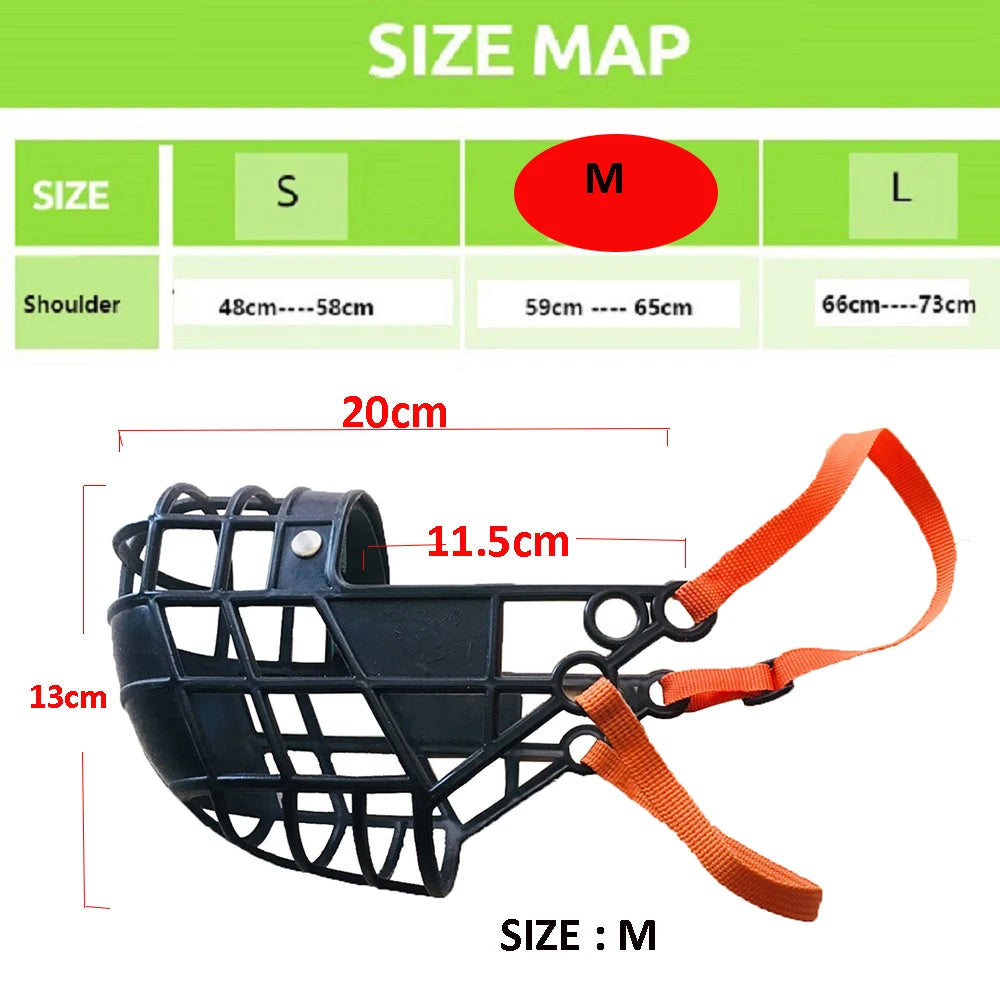 Adjustable plastic dog muzzle – anti-biting and anti-barking basket-style mouth cover for dogs in sizes S/M/L.