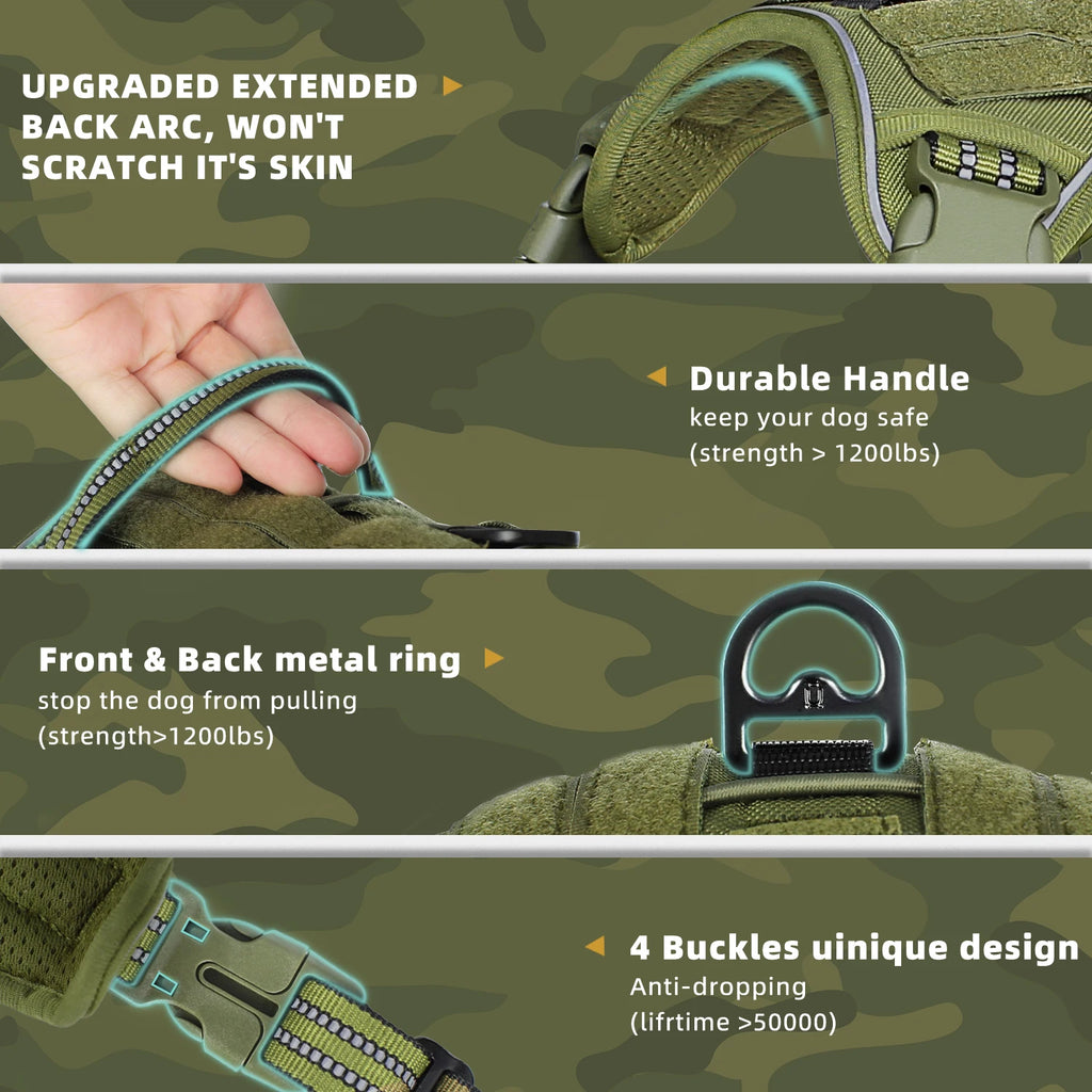Tactical no-pull MOLLE dog harness – adjustable and reflective.
