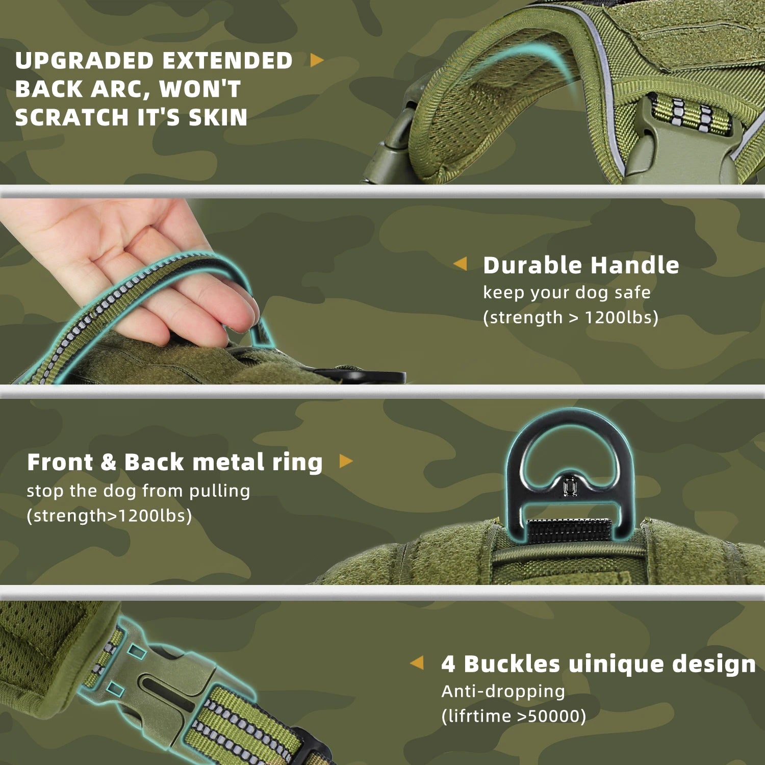 Tactical no-pull MOLLE dog harness – adjustable and reflective.