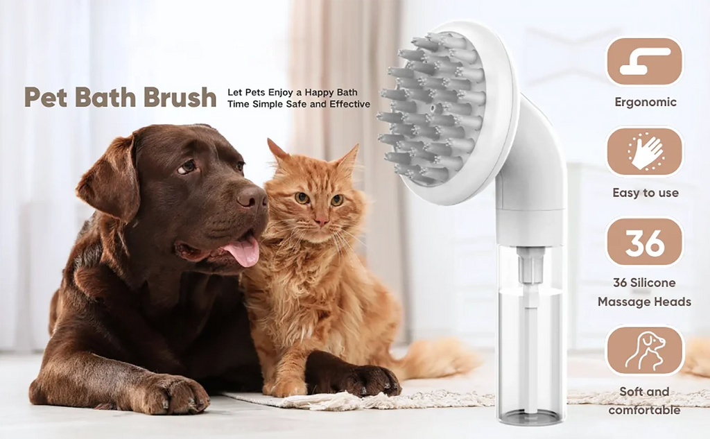 3-in-1 dog bath brush with soft silicone bristles – shampoo, wash, and massage tool for pet grooming.