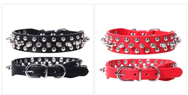 Adjustable PU leather dog collar with spikes and rivets – punk-style collar for small dogs and cats.