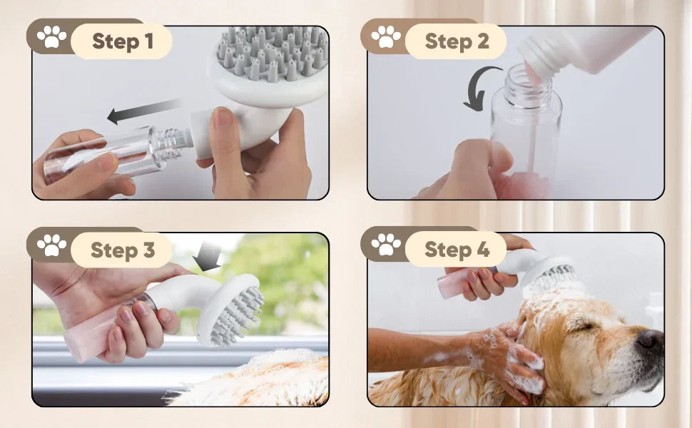 3-in-1 dog bath brush with soft silicone bristles – shampoo, wash, and massage tool for pet grooming.