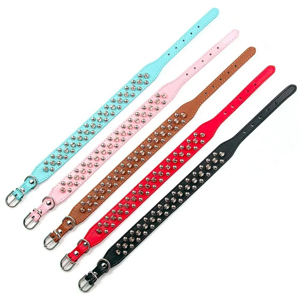 Adjustable PU leather dog collar with spikes and rivets – punk-style collar for small dogs and cats.