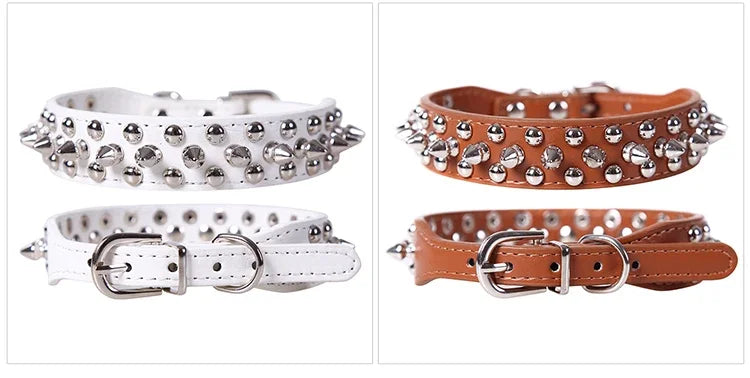 Adjustable PU leather dog collar with spikes and rivets – punk-style collar for small dogs and cats.