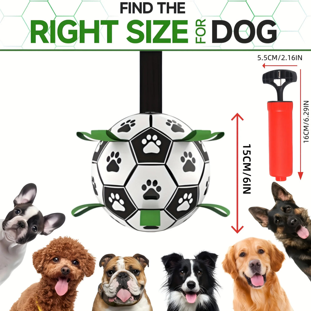 Interactive dog soccer ball toy with grip ring – durable, water-friendly, and battery-free for chasing and play.