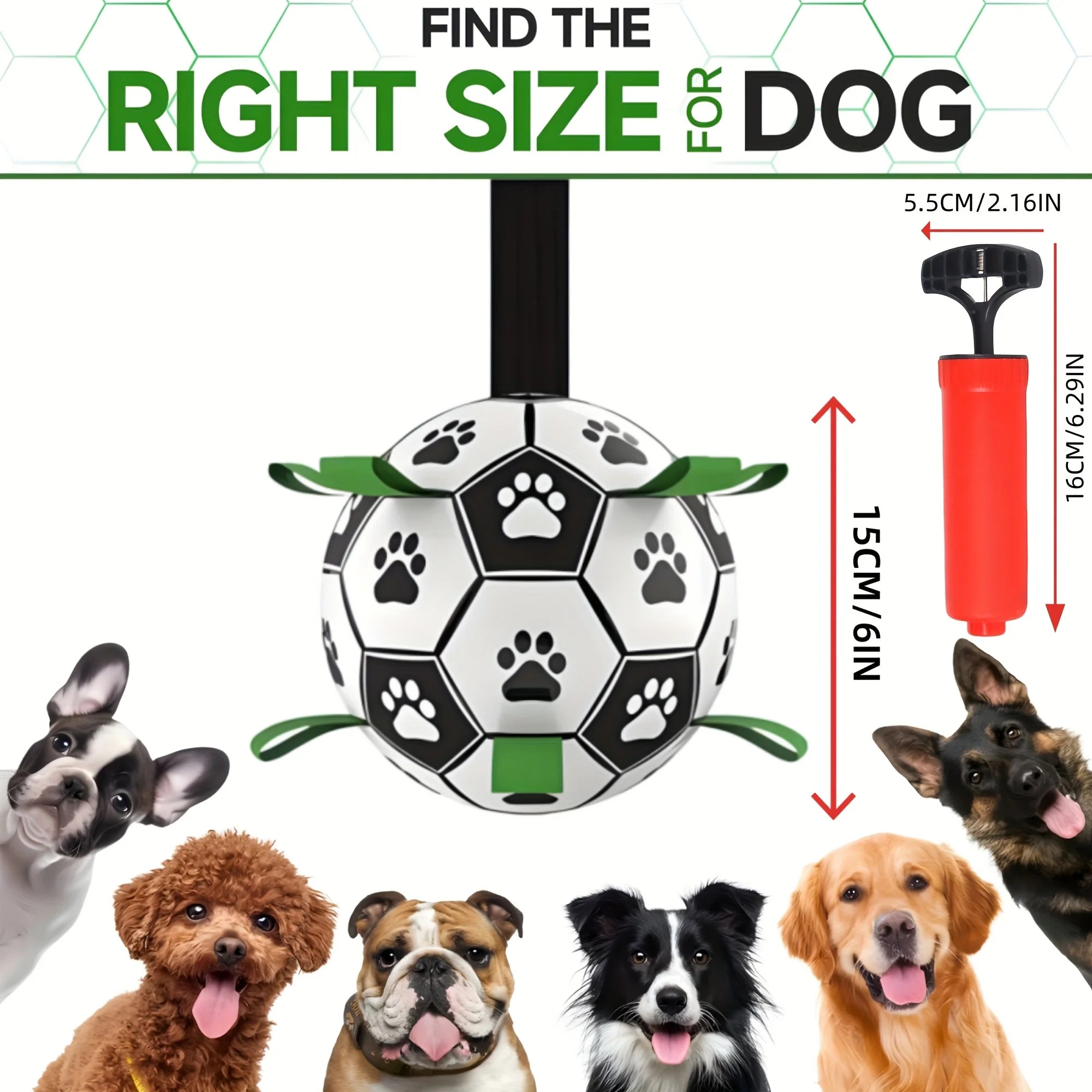 Interactive dog soccer ball toy with grip ring – durable, water-friendly, and battery-free for chasing and play.