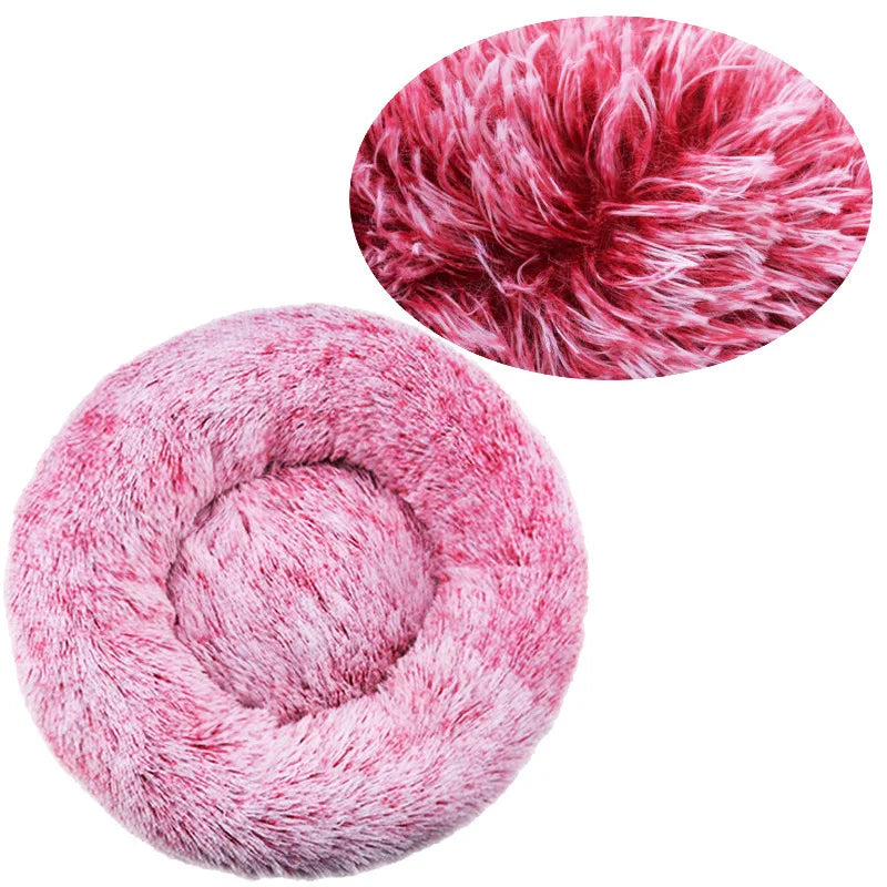 Soft plush round pet bed for cats and dogs – warm and comfortable sleeping bed in multiple sizes.