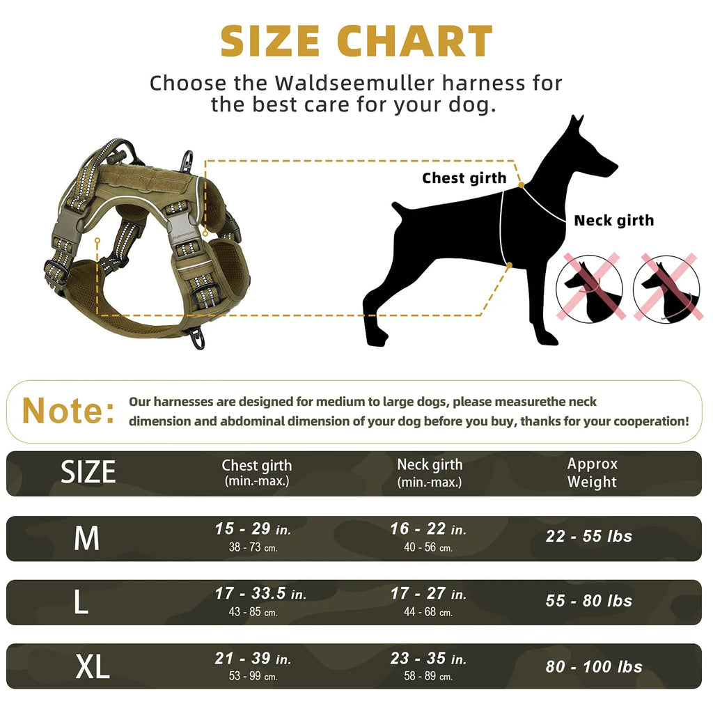 Tactical no-pull MOLLE dog harness – adjustable and reflective.