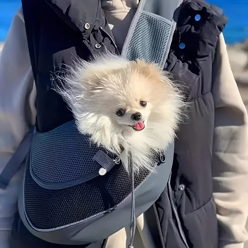 Breathable mesh dog sling carrier for small dogs and cats – lightweight crossbody travel bag for hiking and camping.